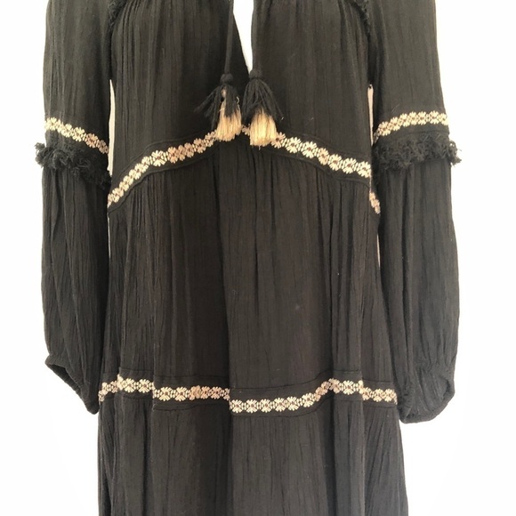 American Eagle Outfitters Black & Tan embroidered fringe long sleeve boho dress - Picture 5 of 9